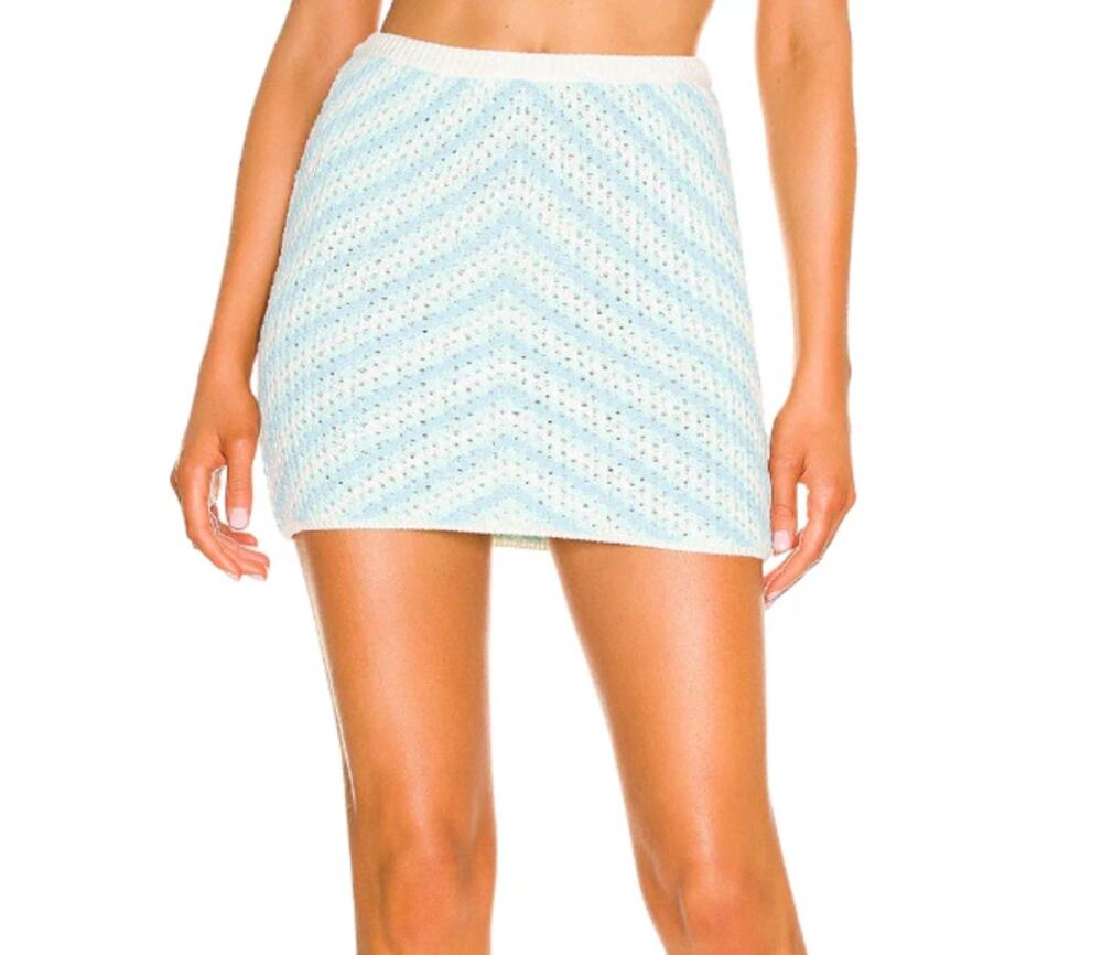 NWT For Love and Lemons Blue Cream Knit Corinna Mini Skirt Women's size Small